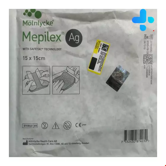 Molnlycke Mepilex Ag Antimicrobial foam dressing for low to medium exuding burns and wounds 15*15 cm